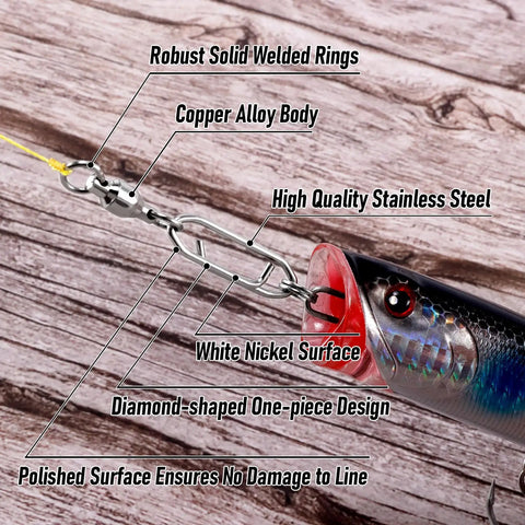 30 Pack Fishing Speed Clips Quick Change Snap Swivels With Ball Bearing Swivels For Freshwater And Saltwater, attached to a lure close-up