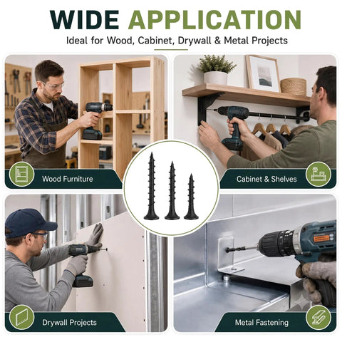 Drywall Screws Assortment Kit 1100 Pieces With Thirteen Sizes Size Six And Size Eight Black Phillips Wood Screws In Two And Three Quarter Inches Two Inches One And One Half Inches One And One Quarter Inches One Inch Three Quarter Inch Five Eighths Inch for wood, drywall, and metal projects