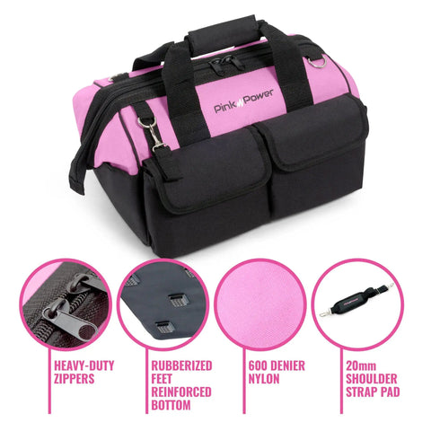 16 Inch Ladies Tool Tote With 22 Pockets Lightweight Nylon Tool Bag For Women Zippered Caddy Organizer For Hand Tools Power Kits And More Wide Mouth Opening Handy Pink Design with highlighted features