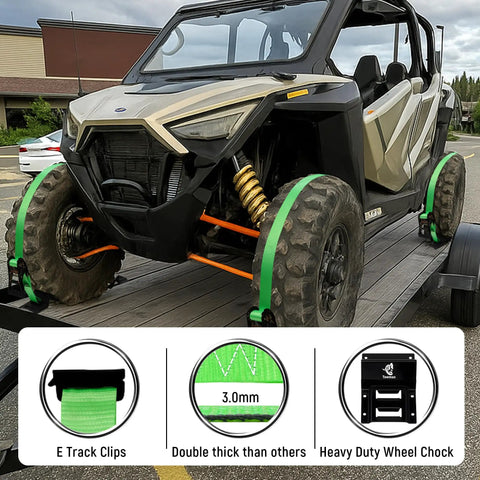 Lock It Down Tight UTV Wheel Chock Tie Down Kit Heavy Duty E Track Ratchet Straps Quick No Sweat Assembly Storage Bag Included Built To Handle Rough Trails