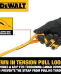 Gloved hand pulling yellow cam buckle strap with loop end, illustrating Heavy Duty 1 Inch By 12 Foot Cam Buckle Straps Set, 2 Pack.