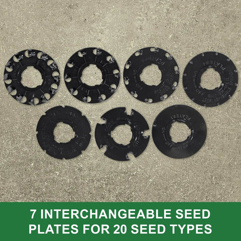 Image showing 7 interchangeable seed plates for the 3lb Garden Seeder Workhorse with 7 Seed Plates For Precise Planting In Prepared Soil.