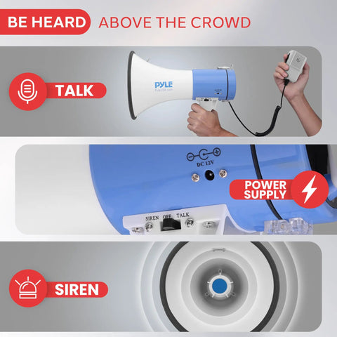 Portable PA Megaphone With Built In Siren 50 Watt Power Adjustable Volume 1600 Yard Range Lightweight Ergonomic Grip Includes Handheld Mic Runs On 8 C Batteries Perfect For Outdoor Sports Cheer Teams Fans And Safety Drills shown with talk and siren features
