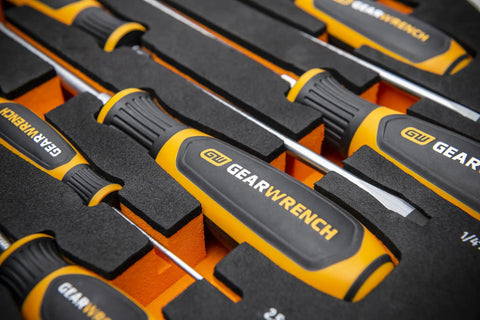 9 Piece Slotted Dual Material Screwdriver Set In Foam Storage Tray With Non-Slip Black Oxide Tips, Ergonomic Tri-Lobed Handles