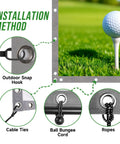 Installation method for Indoor Golf Impact Screen With Triple-Layer Design, showing hooks, cable ties, bungee cord, and ropes.