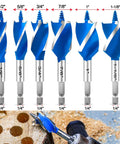Set of six blue wood auger bits in sizes 1/2" to 1-1/8" with 1/4" quick change hex shank, showing drilling holes in wood.