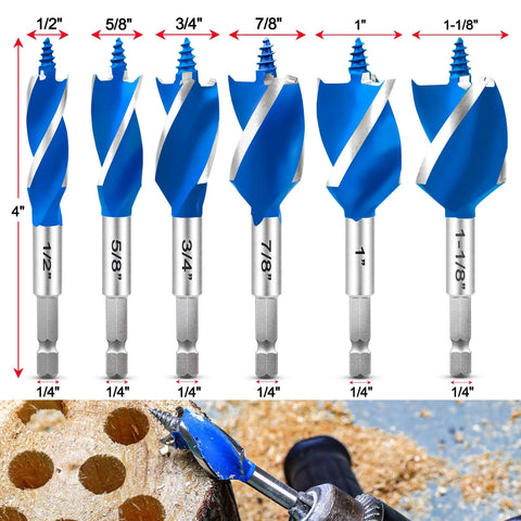 Set of six blue wood auger bits in sizes 1/2" to 1-1/8" with 1/4" quick change hex shank, showing drilling holes in wood.