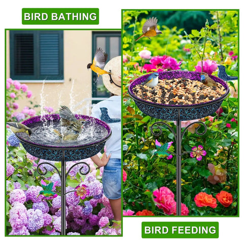 Dual image of Metal Bird Bath For Outdoors Freestanding Garden Bowl With Vintage Look Ideal Yard Decor For Wild Birds And Hummingbirds Gradient Purple Finish