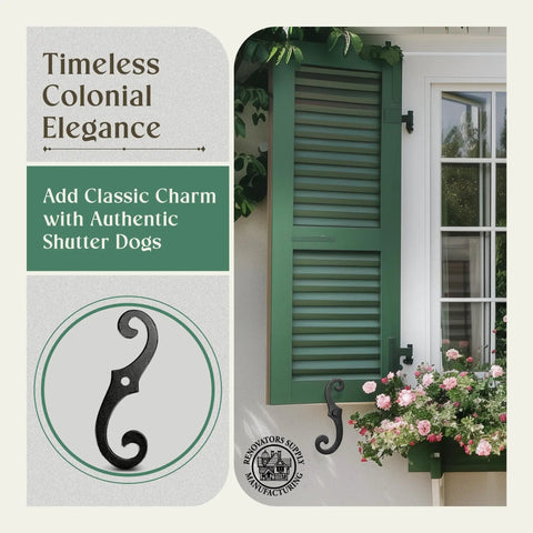Old School Vintage S Style Cast Iron Window Shutter Dogs with rust resistant powder coat on green shutters in outdoor setting