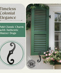 Top Shelf Cast Iron Shutter Dogs With Rust Resistant S Hook Exterior Hardware And Included Mounting Bolts 6.5 Inch Dark Matte Coat for Colonial shutters.