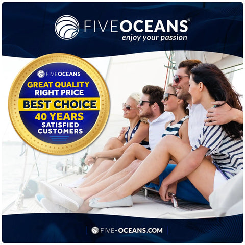 Group of friends on a boat enjoying Five Oceans yacht products, with a badge reading 'Great Quality Right Price Best Choice 40 Years'.
