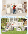 Toddler Slide Set With Basketball Hoop, Drawing Board And Golf Game, 13 In 1 Indoor Outdoor Playset For Kids 1 Plus Cream And Gray Backyard Climber Playground in indoor and outdoor settings.