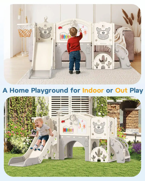 Toddler Slide Set With Basketball Hoop, Drawing Board And Golf Game, 13 In 1 Indoor Outdoor Playset For Kids 1 Plus Cream And Gray Backyard Climber Playground in indoor and outdoor settings.