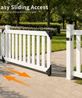 Heavy Duty Sliding Gate Kit With Anti Sag Fence Hardware Roll Wheels And Latch Universal Corner Braces For 1 To 2 Inch Wood Gates Smooth And Quiet Rolling Easy DIY Installation on white sliding gate