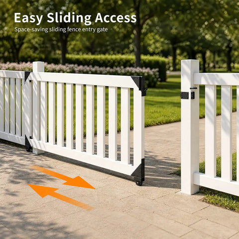 Heavy Duty Sliding Gate Kit With Anti Sag Fence Hardware Roll Wheels And Latch Universal Corner Braces For 1 To 2 Inch Wood Gates Smooth And Quiet Rolling Easy DIY Installation on white sliding gate