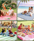 Collage of families using a Waterproof Extra Large Picnic Blanket 80x80 Inches For Beach And Outdoor Camping on grass and sand.