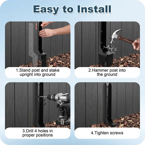 Image showing steps to install 4 Pack Heavy Duty Fence Post Repair Stakes Tough Steel Anchors for fixing wood fences.