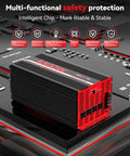 5500W Power Inverter 12V DC To 120V AC With 11000W Peak Surge on a circuit board background showcasing safety features and design.