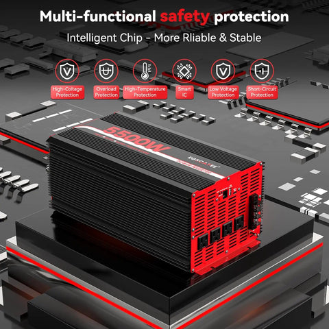 5500W Power Inverter 12V DC To 120V AC With 11000W Peak Surge on a circuit board background showcasing safety features and design.