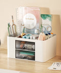 Pen Organizer With 2 Drawers For Desk, Multi Functional Pencil Holder With 5 Compartments Top Tray And Notebook Holder, White Office Organizer