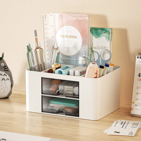 Pen Organizer With 2 Drawers For Desk, Multi Functional Pencil Holder With 5 Compartments Top Tray And Notebook Holder, White Office Organizer