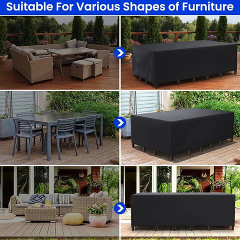 Heavy Duty 600D Waterproof Patio Furniture Cover For Rectangular Couch And Sectional Sets 165 By 28 By 28 Inches Tough As Nails All Weather Outdoor Shield For Deck Lawn And Backyard Keeps Rain Dust Leaves Off covering various furniture shapes on deck.