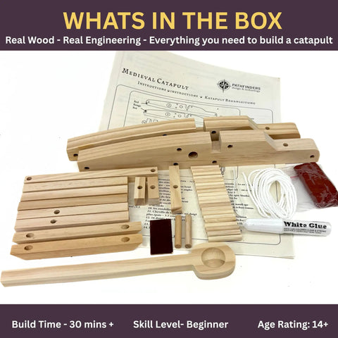 Medieval Catapult STEM Building Kit Wooden Catapult parts with instructions and tools for Mechanical Engineering Physics and Historical Siege Project.