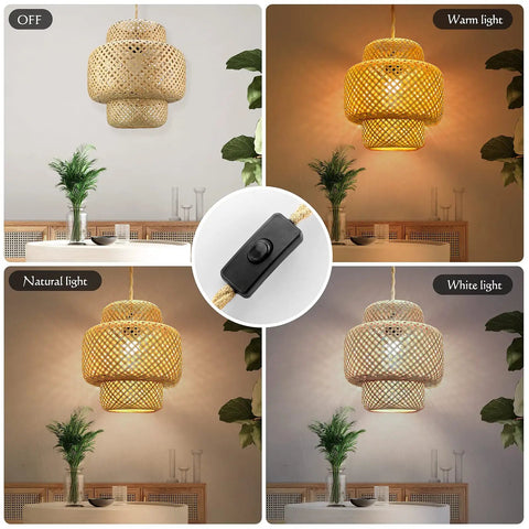 Plug In Pendant Light With Rattan Hanging Lights And Hand Woven Bamboo Lampshade, 15ft Hemp Rope, On Off Switch, light settings