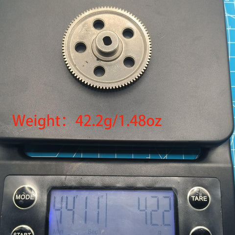 Gen7 Upgrades 45 Hardened Steel Beefy Spur Gear 87T For RC Hobby Cars Everest 10 Pro Sport on scale showing weight 42.2g