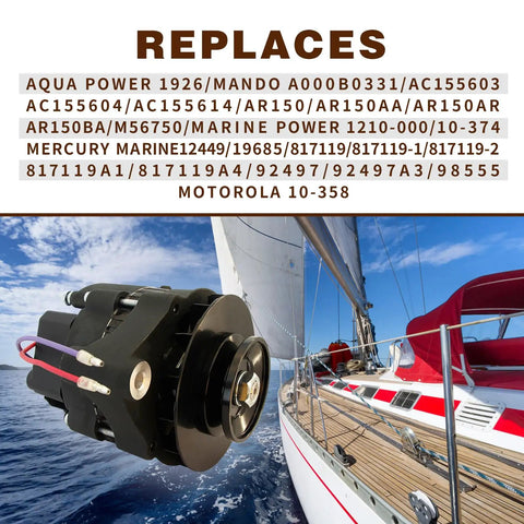 Penta Alternator Replacement For 2.5L To 9.4L Marine Engines, Plug And Play Boat Electrical Part For OMC Pleasurecraft And Classic Marine Setups, Replaces 10358 AR150 AC155603 3854809-5 400-46022 next to a sailing boat.