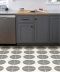 Black And White Luminary Peel And Stick Vinyl Floor Tiles Pack Of 10 12 By 12 Inch Mid Century Modern Style in kitchen setting