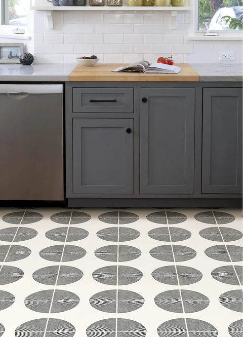 Black And White Luminary Peel And Stick Vinyl Floor Tiles Pack Of 10 12 By 12 Inch Mid Century Modern Style in kitchen setting