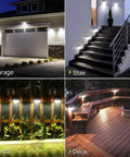 Super Bright Solar Motion Lights Outdoor With Motion Sensor, IP65 Waterproof Security Wall Lights illuminating garage, stairs, fence, and deck.
