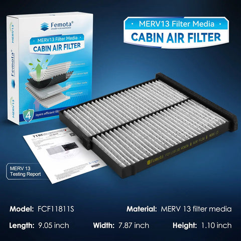 MERV 13 Cabin Air Filter With Activated Carbon CF11811 Beefed Up Four Layer Filtration For Mazda includes filter, box, and specs