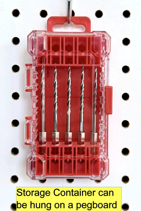 Five Piece Parabolic Flute Drill Bit Set for Wood in Nine Sixty Four Inch Size, Includes Number Six Tapered Countersink Bits, HSS M2 Grade 6542, Stored in Durable Plastic Case, Replacement for Countersink Bit Set by FTG USA on pegboard