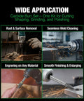 Four images showing applications of the Five Piece Carbide Burr Set With One Quarter Inch Shank And Clear Box Includes 8mm Heads for Die Grinder and Rotary Tools Pro Grade Kit For DIYers And Pros A Must Have For Metal Wood Stone Grinding Deburring Cutting Porting Carving: rust removal, weld cleaning, engraving, finishing.