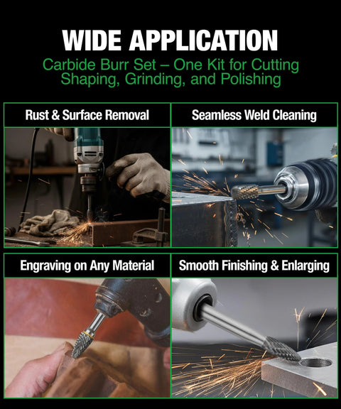Wide application of carbide burr set 10 piece for cutting, grinding, and polishing on metal, wood, and stone surfaces.