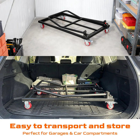 Heavy Duty Folding Chair Dolly Holds Up To 1500 Lbs Beefy Steel L Shaped Cart for transport and storage in garage and car trunk.