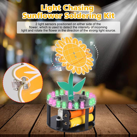 Light Chasing Sunflower Soldering Kit With RGB LED Flashing Lights showing light sensors and motor on wooden surface.