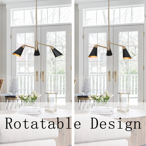 Three Light Modern Black And Gold Chandelier With Copper Brass Finish in living room, adjustable slanted shades.