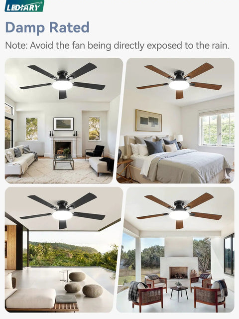 52 Inch Ceiling Fan With Lights And Remote 30W LED Panel Flush Mount Modern Low Profile Ceiling Fan in various rooms