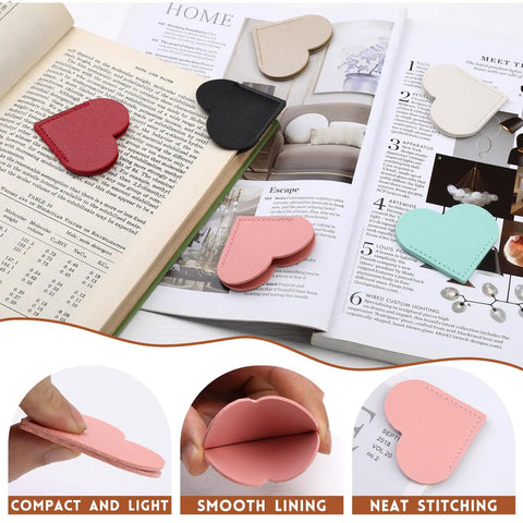 Genuine Leather Heart Page Corner Bookmarks For The Reading Crew Soft Grip Clips in multi colors on open books.