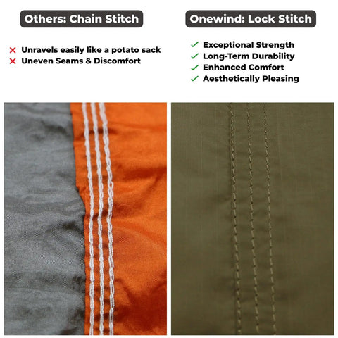 Comparison of chain stitch and lock stitch on Ultralight 11-Foot Camping Hammock With 40D 1.7oz Nylon Ripstop, OD Green.