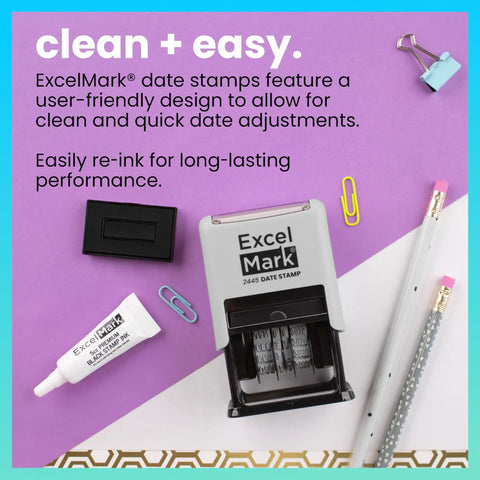 Straight Up Knockout Date Stamp For Shipping And Receiving Orders Track Expiration And Due Dates Smooth Gliding Mechanism Crisp Black Ink On Durable Gray Mount on a pastel background.