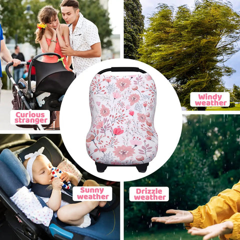 All In One Baby Car Seat Cover Nursing Shield For Boys And Girls shown in various weather conditions and uses