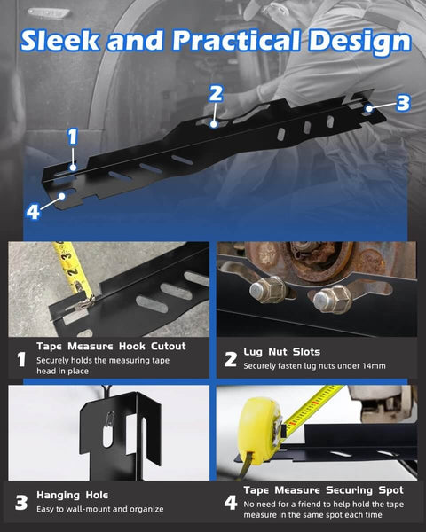 Heavy Duty Wheel And Toe Alignment Tool Kit with two 5m tape measures showing tape measure hook cutout and lug nut slots.