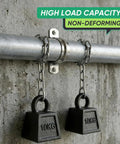 Built Tough 1/2 Inch Stainless Steel Conduit Clamps Feature Double Hole Layout As Workhorse Pipe U Brackets For Gripping Quarter Inch Ducting Cables Lock Tight With Provided Screws securing a metal pipe with weights attached.