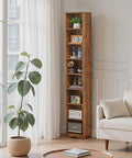Tall 71 Inch Rustic Wood Bookshelf With 6 Adjustable Shelves And Elevated Dust And Moisture Proof Base in living room next to plant
