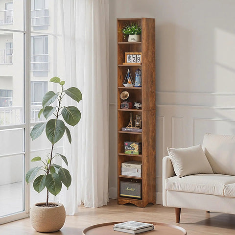 Tall 71 Inch Rustic Wood Bookshelf With 6 Adjustable Shelves And Elevated Dust And Moisture Proof Base in living room next to plant