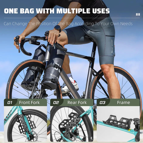 Cyclist with 5L Waterproof Bike Fork Bag For Mountain And Road Bikes Front Pannier, showing various mounting options.